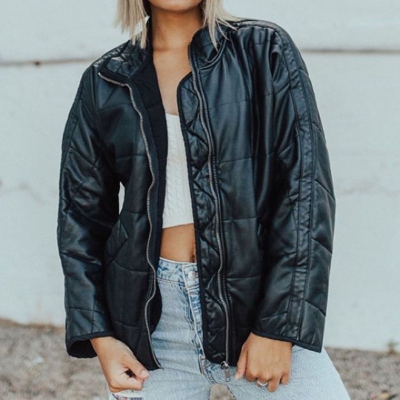 NWT Free People Quilted Vegan Leather Bomber Jacket in Black - Picture 4 of 16